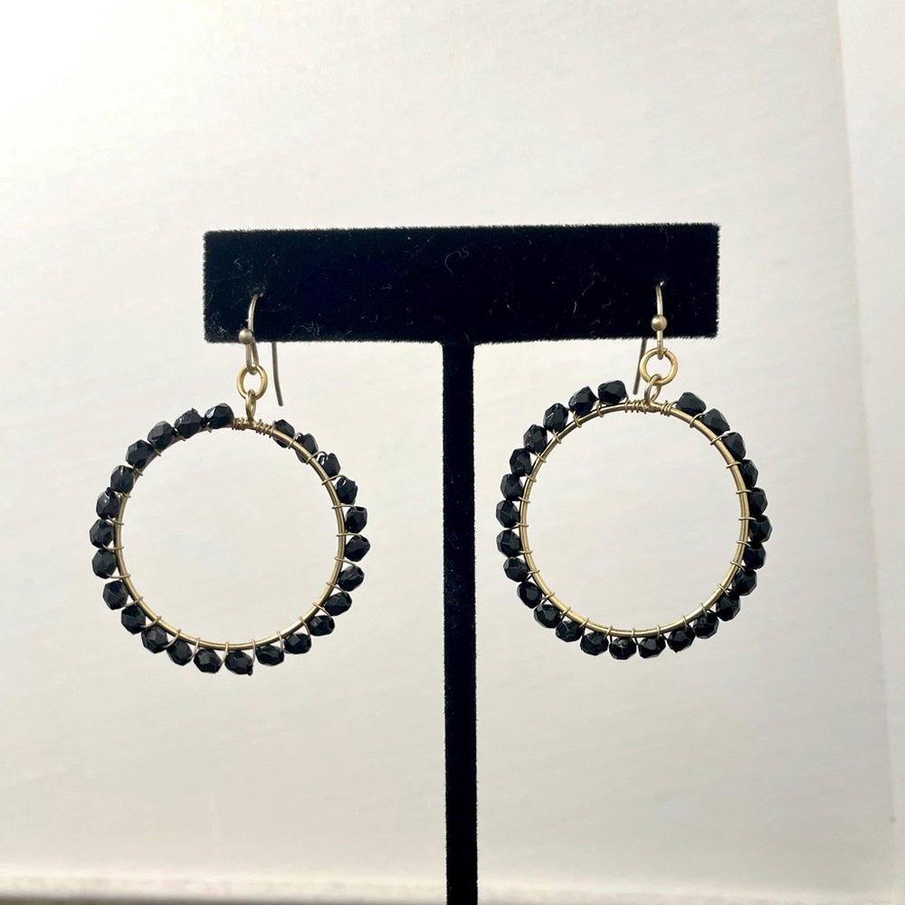 Black Beaded Hoop Dangle Earrings